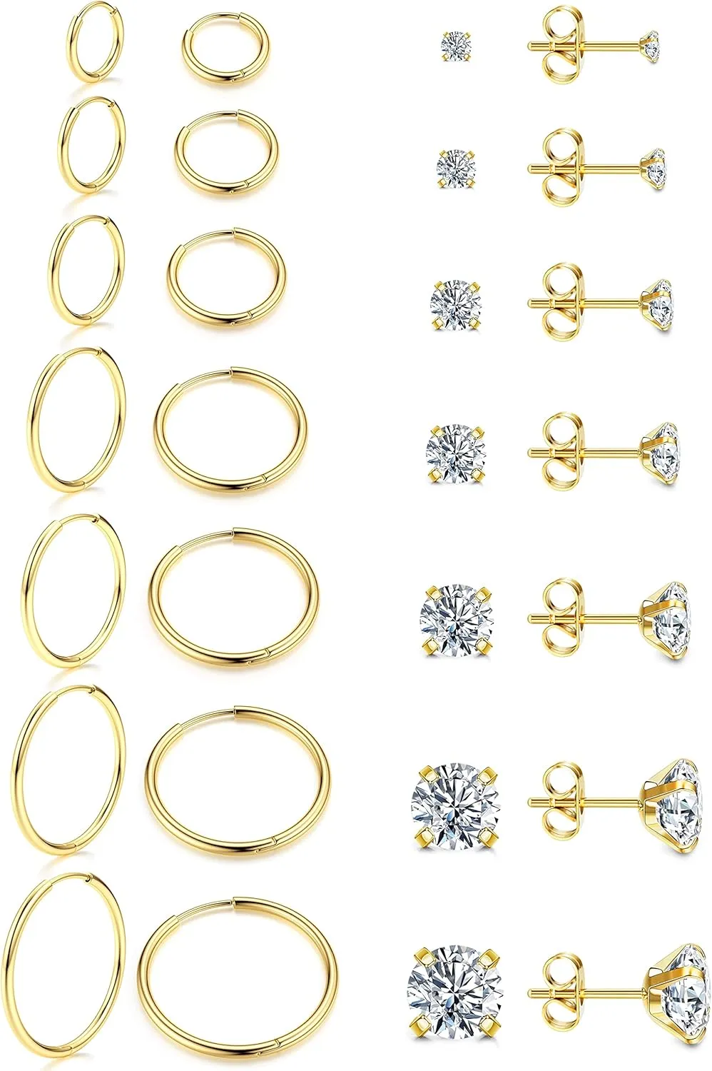 6-14 Pairs Cartilage Earrings Sets for Women Men Stainless Steel Lightweight Tiny Huggie Hoop Earrings for Multiple Piercing 14k Gold Plated Flatback CZ Stud Earrings for Sensitive Ear 20G