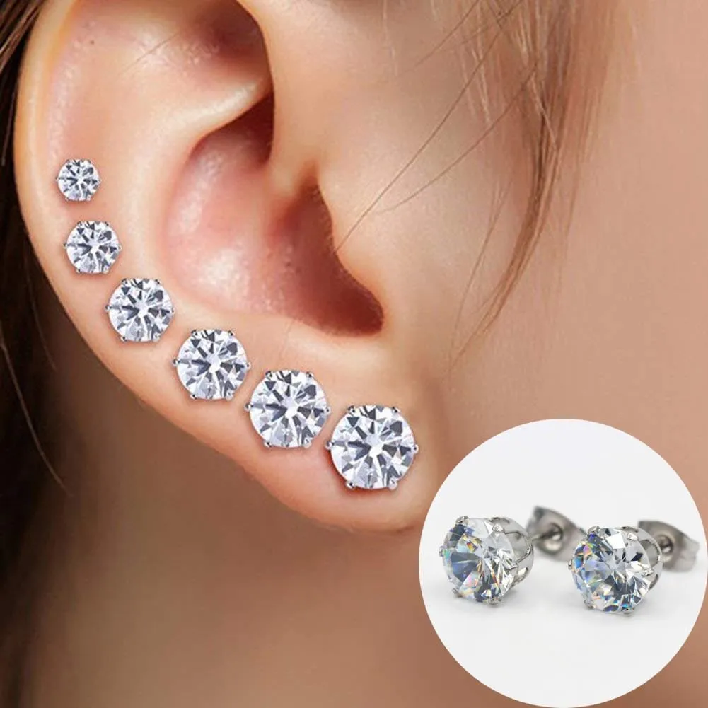 6-pairs 18K gold plated Earrings round transparent Cubic zirconia ear studs 3-8 MM set