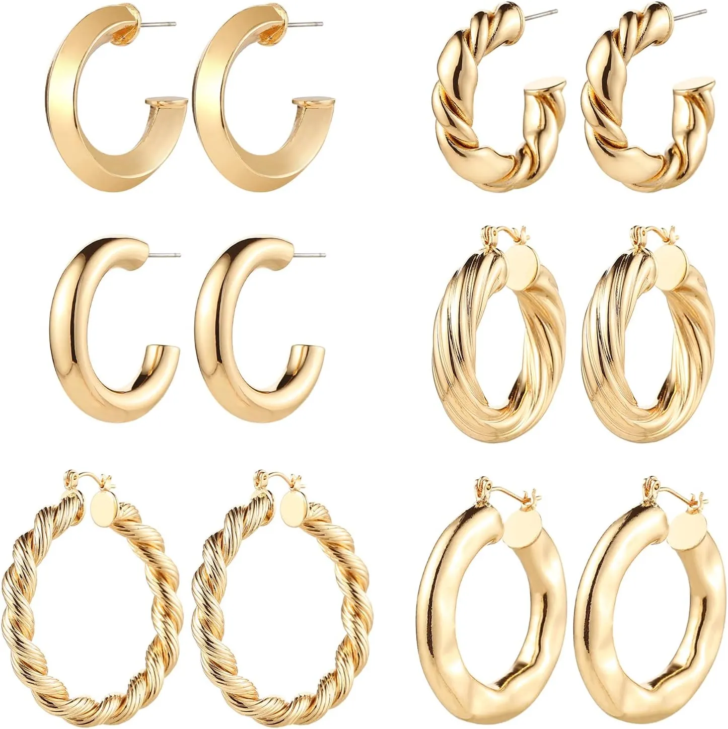 6 Pairs Gold Chunky Hoop Earrings for Women,14K Gold Plated Twisted Huggie Hoop Earring Set Hypoallergenic,Thick Open Hoop Earrings Packs Lightweight.