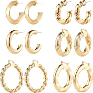 6 Pairs Gold Chunky Hoop Earrings for Women,14K Gold Plated Twisted Huggie Hoop Earring Set Hypoallergenic,Thick Open Hoop Earrings Packs Lightweight.