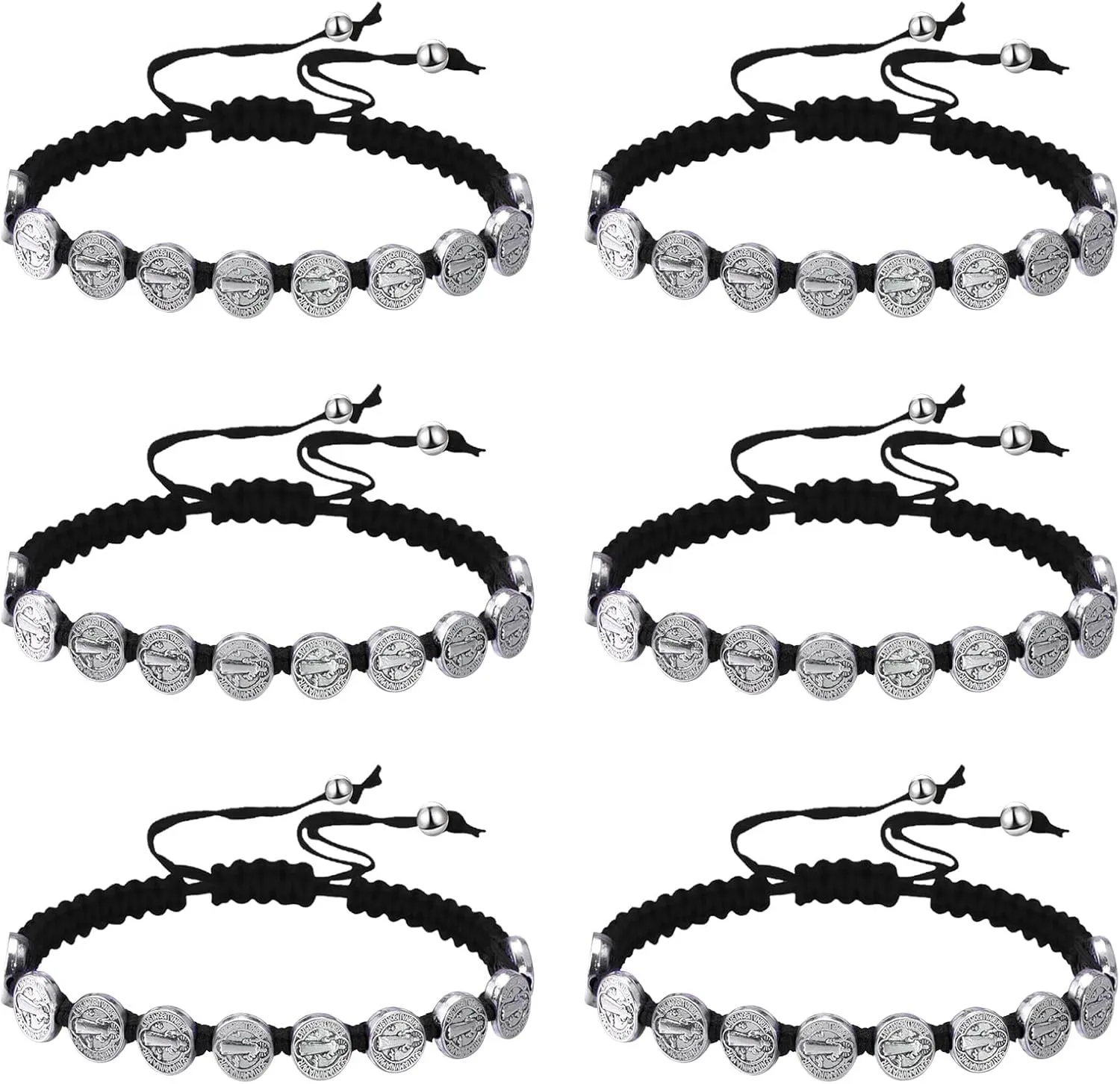 6 Piece Medallas de San Benito Bracelet Religious Protection Bracelet Virgin Mary Bracelet Handmade Braided Adjustable String Beads Cord for Man Women Teen Blessing Jewelry Gifts