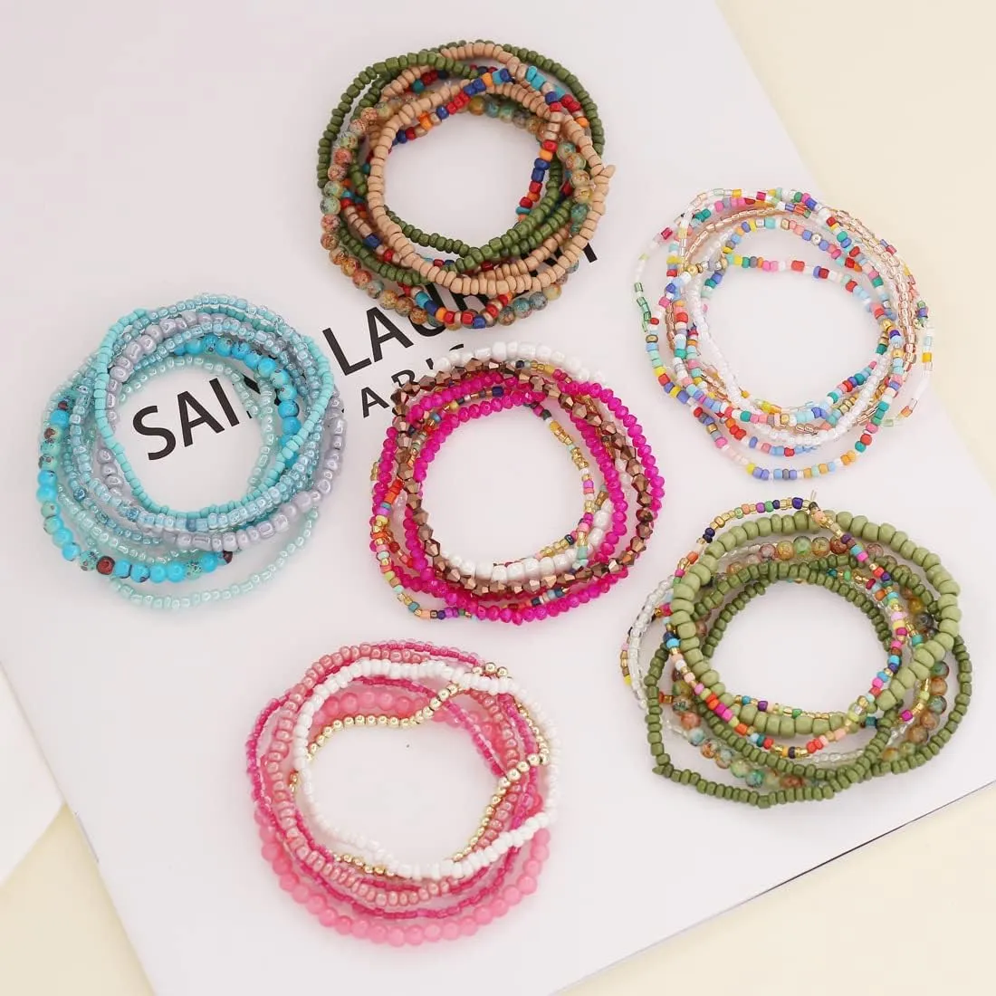 6/7Pcs Colorful Bohemia Stackable Seed Bead Bracelets Handmade Multilayer Rainbow Elastic Beaded Stretch Bracelet Anket Rainbow Vacation Bangle for Women Summer Beach Boho Jewelry Gifts