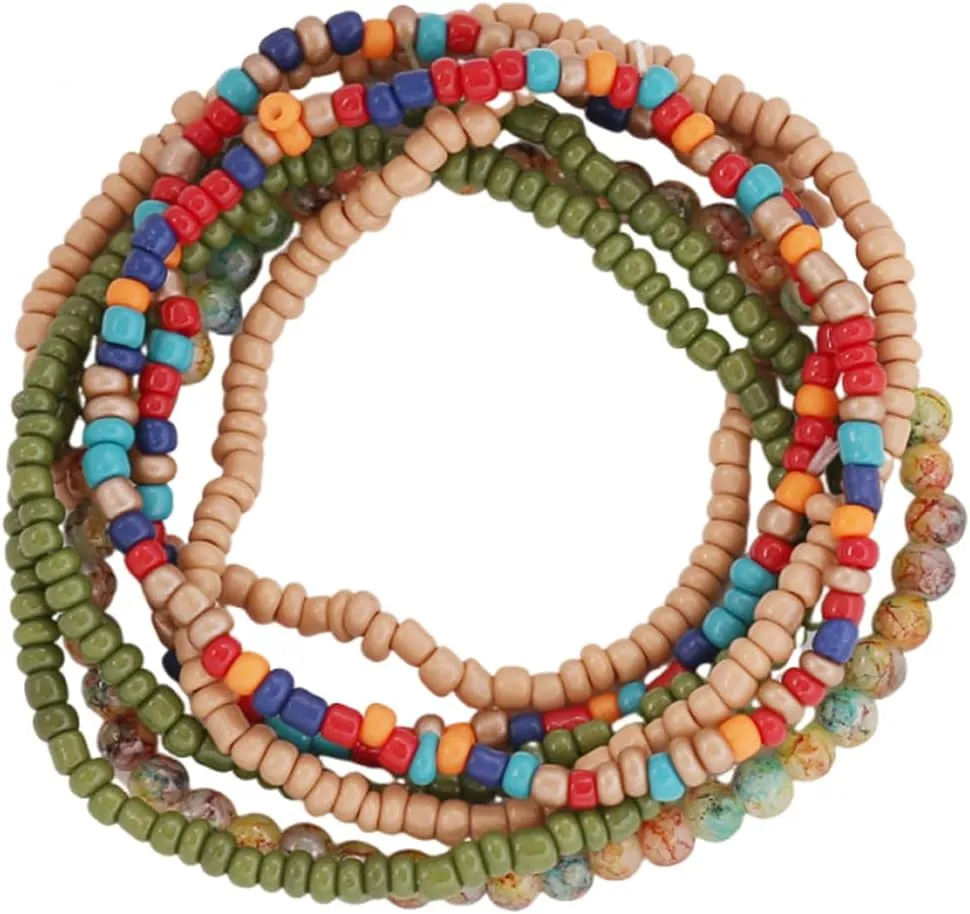 6/7Pcs Colorful Bohemia Stackable Seed Bead Bracelets Handmade Multilayer Rainbow Elastic Beaded Stretch Bracelet Anket Rainbow Vacation Bangle for Women Summer Beach Boho Jewelry Gifts