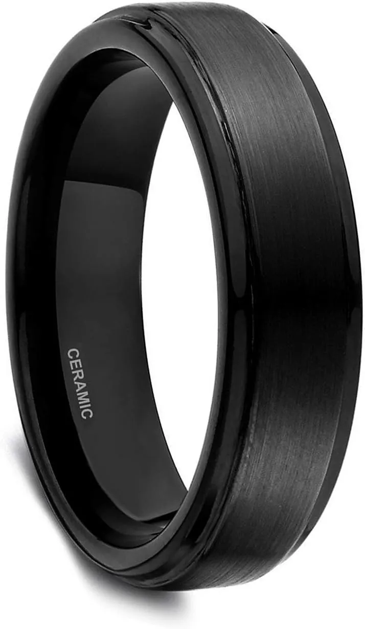 6mm 8mm Black Ceramic Ring with Black Carbon Fiber Inlay Wedding Band for Men Women Size 5-14