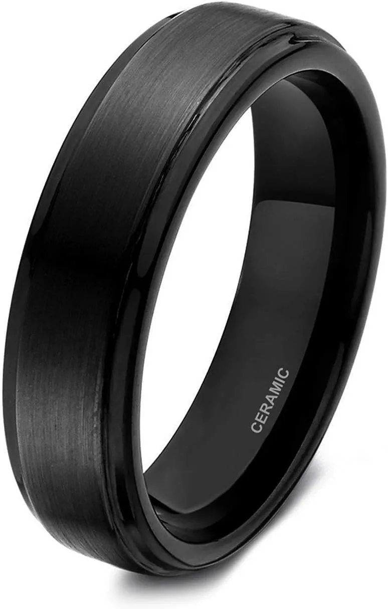 6mm 8mm Black Ceramic Ring with Black Carbon Fiber Inlay Wedding Band for Men Women Size 5-14