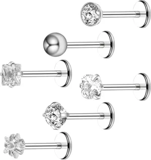 6Pcs Stainless Steel Internally Threaded CZ Nose Studs Rhinestone Lip Rings Cartilage Earring Piercing Jewelry for Nose/Tragus/Conch/Helix/Cartilage/Lip for Women Men (8mm)