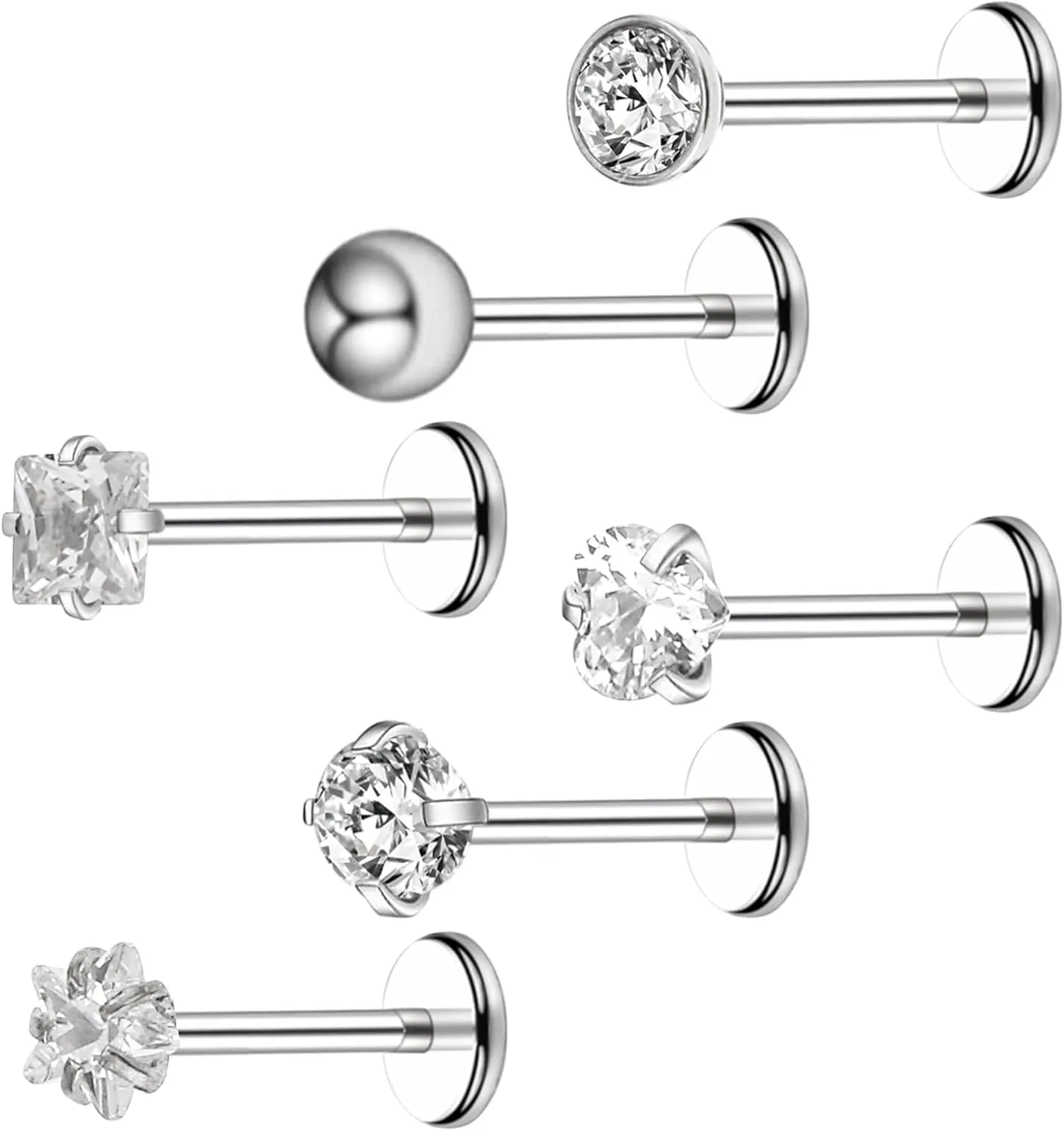 6Pcs Stainless Steel Internally Threaded CZ Nose Studs Rhinestone Lip Rings Cartilage Earring Piercing Jewelry for Nose/Tragus/Conch/Helix/Cartilage/Lip for Women Men (8mm)