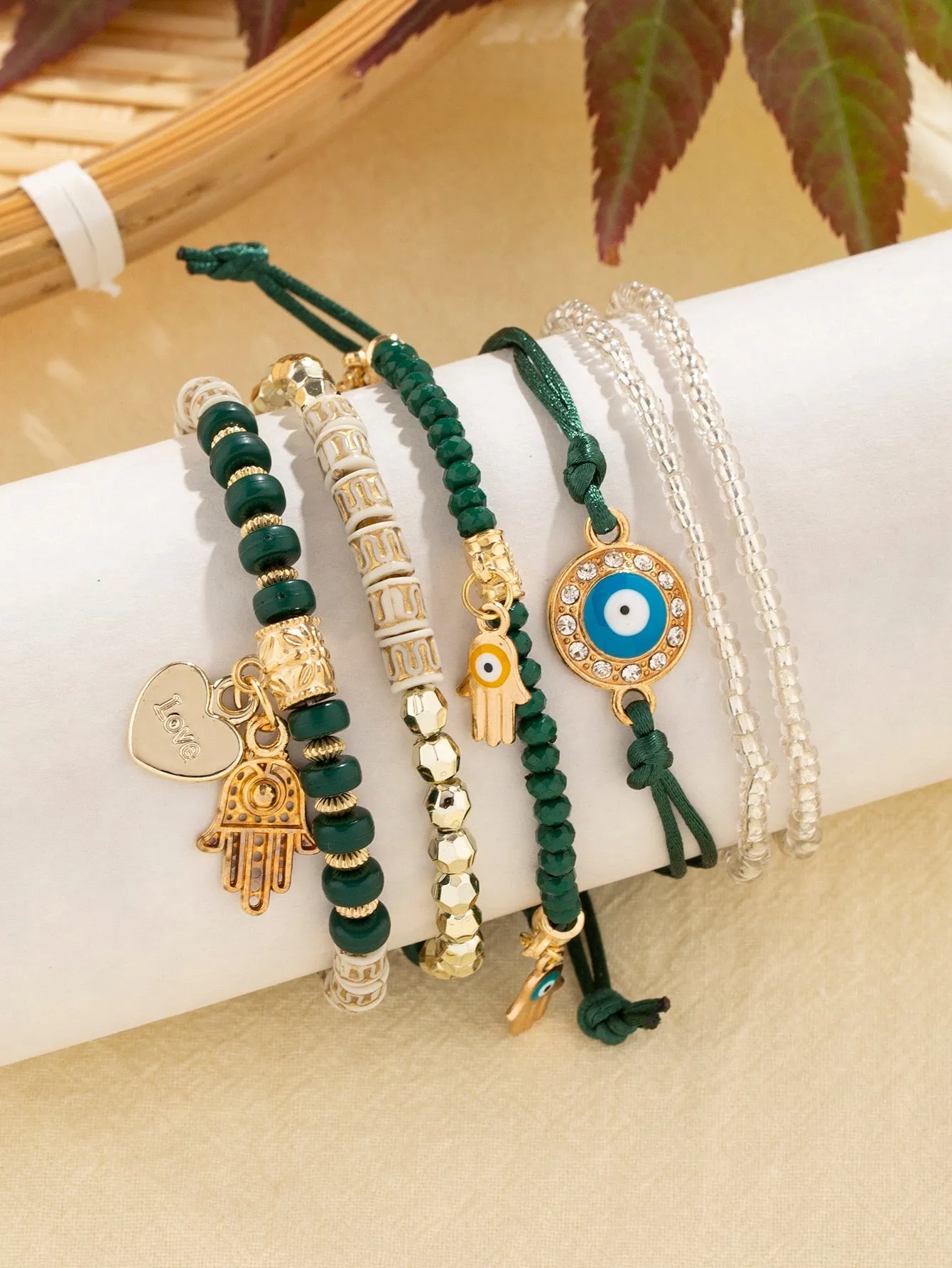 6pcs/set Boho Rhinestone & Bead Decor Pink Bracelet For Women