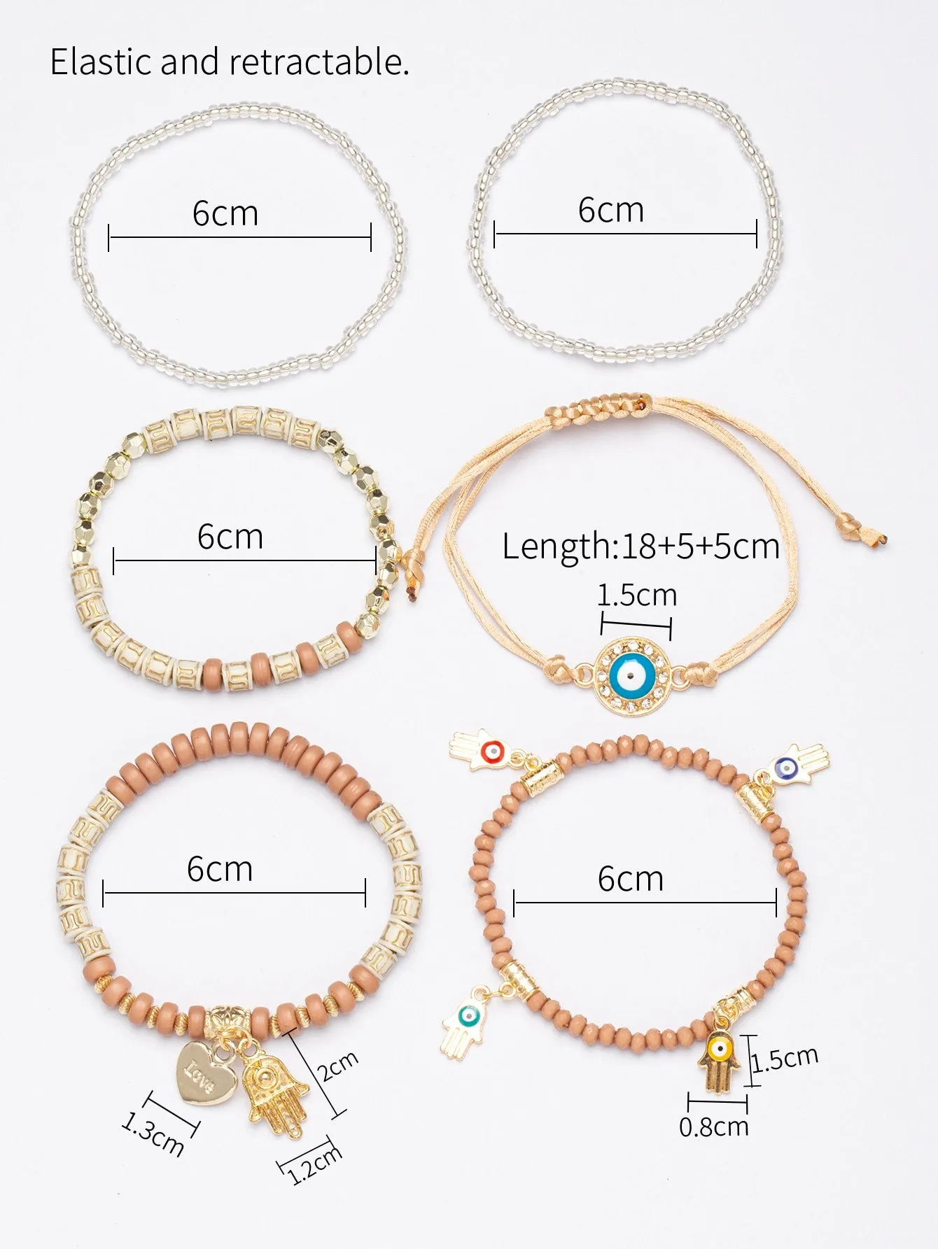 6pcs/set Boho Rhinestone & Bead Decor Pink Bracelet For Women