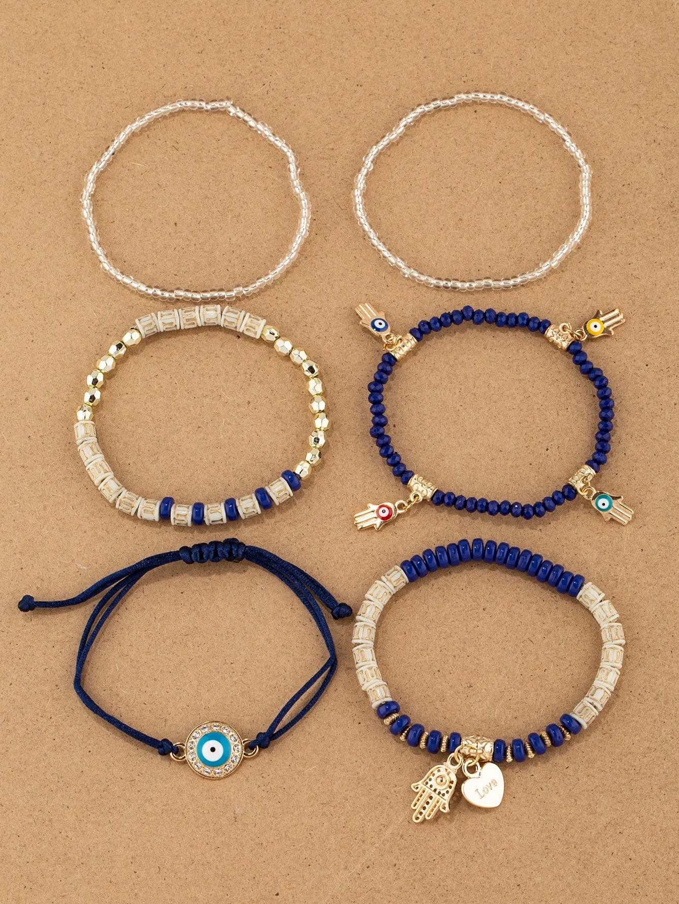 6pcs/set Boho Rhinestone & Bead Decor Pink Bracelet For Women