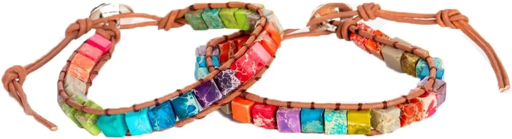7 Chakra Bracelet Natural Stone Leather Boho Healing Yoga Bracelet Friendship Jewelry,Pack of 2