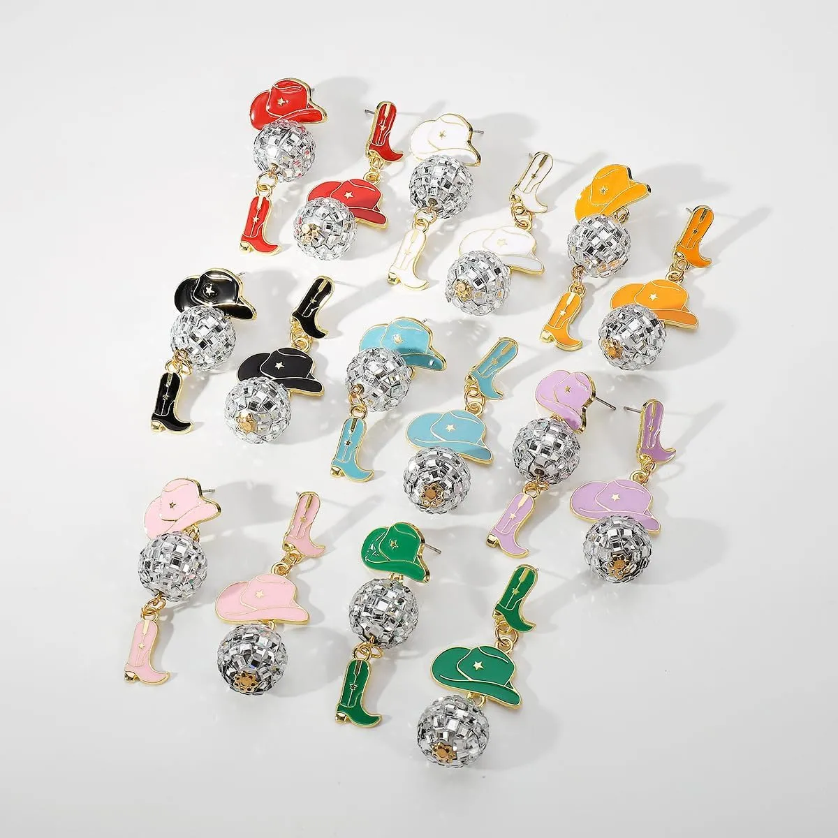 80s 90s Glitter Disco Ball Stud Earrings Vintage Western Cowgirl Cowboy Hat Boots Enamel Earrings Dance Party Outfits Accessories