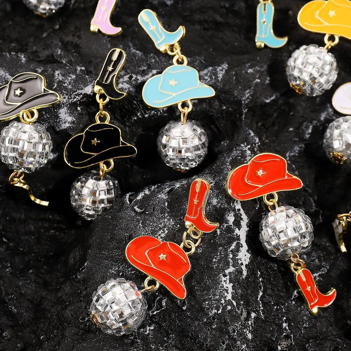 80s 90s Glitter Disco Ball Stud Earrings Vintage Western Cowgirl Cowboy Hat Boots Enamel Earrings Dance Party Outfits Accessories