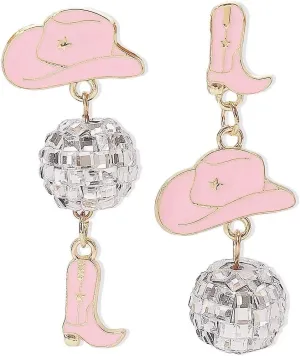 80s 90s Glitter Disco Ball Stud Earrings Vintage Western Cowgirl Cowboy Hat Boots Enamel Earrings Dance Party Outfits Accessories