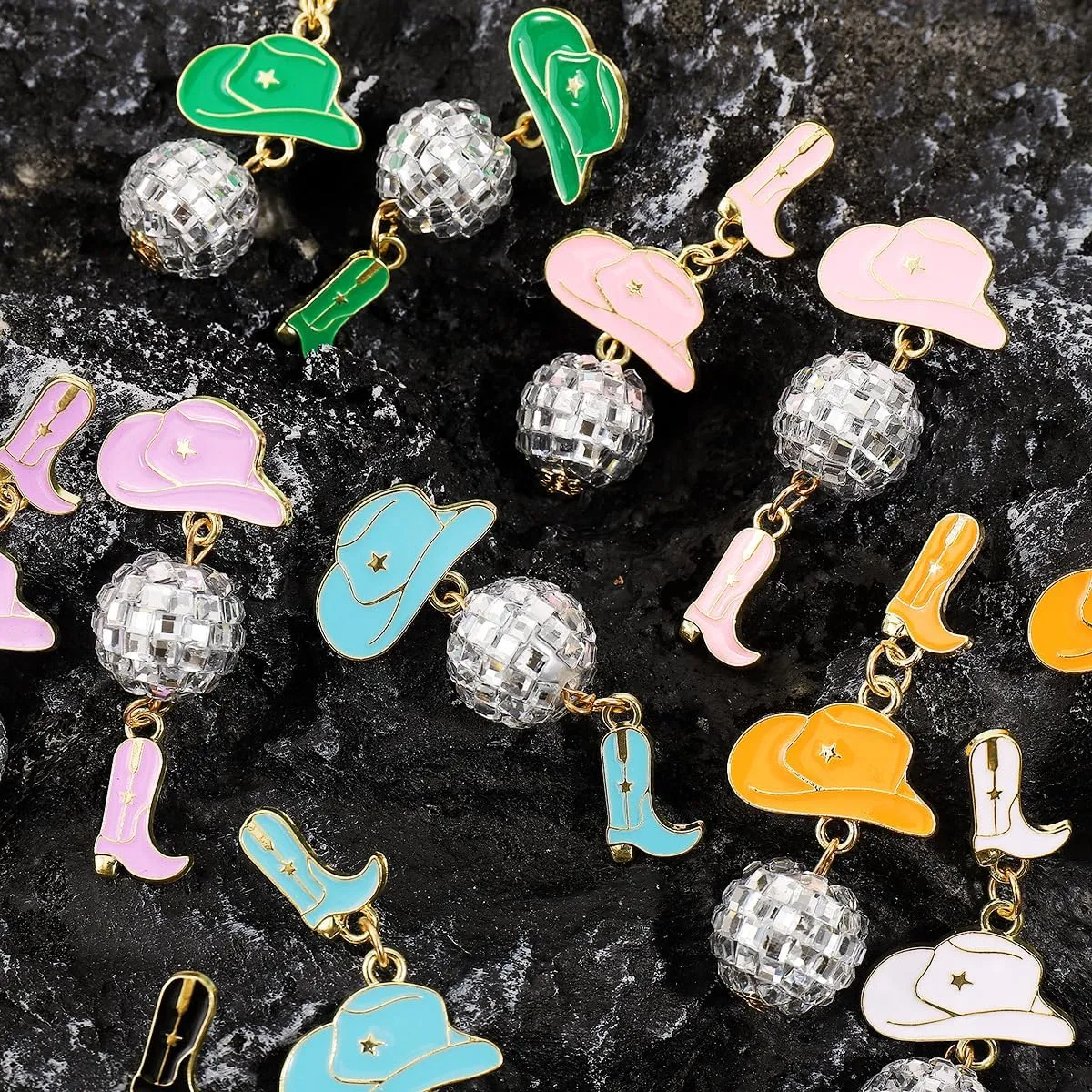 80s 90s Glitter Disco Ball Stud Earrings Vintage Western Cowgirl Cowboy Hat Boots Enamel Earrings Dance Party Outfits Accessories