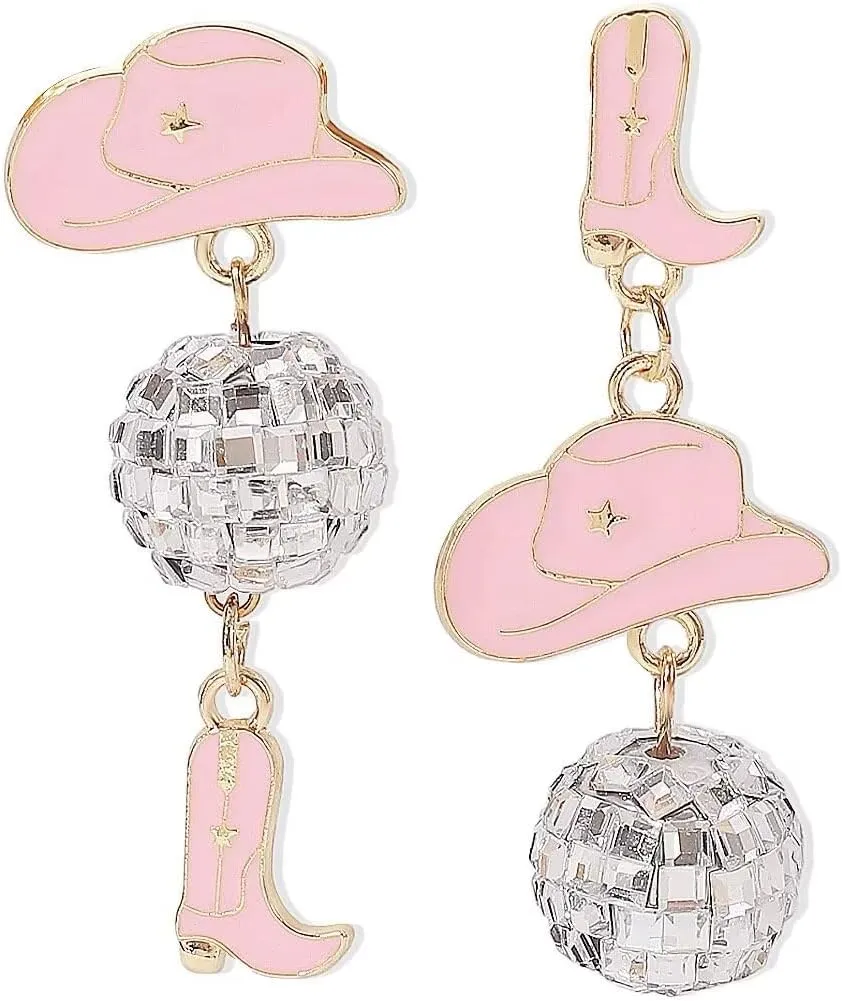 80s 90s Glitter Disco Ball Stud Earrings Vintage Western Cowgirl Cowboy Hat Boots Enamel Earrings Dance Party Outfits Accessories