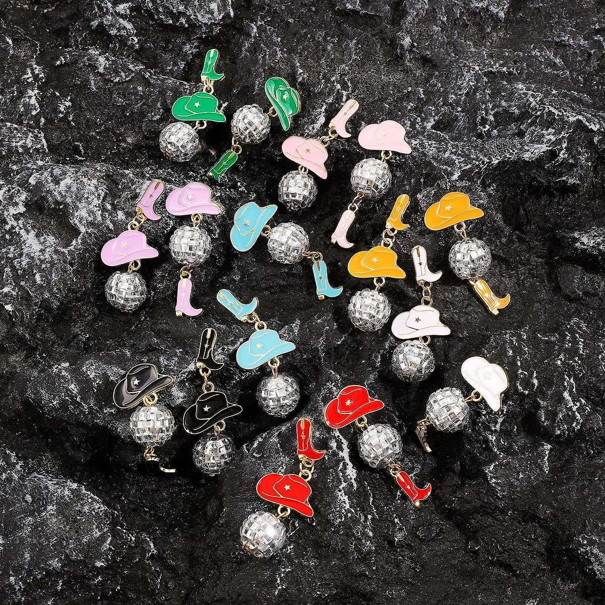 80s 90s Glitter Disco Ball Stud Earrings Vintage Western Cowgirl Cowboy Hat Boots Enamel Earrings Dance Party Outfits Accessories