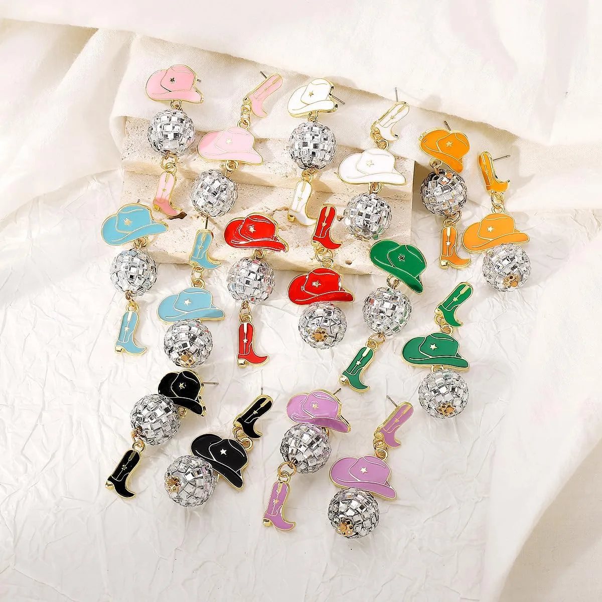 80s 90s Glitter Disco Ball Stud Earrings Vintage Western Cowgirl Cowboy Hat Boots Enamel Earrings Dance Party Outfits Accessories
