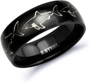 8mm Black Plated Stainless Steel Ring with Engraved Great White Shark Design Sizes 5 to 14 SSR409