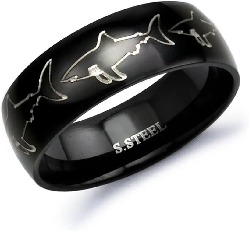 8mm Black Plated Stainless Steel Ring with Engraved Great White Shark Design Sizes 5 to 14 SSR409
