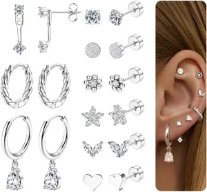 9 Pairs Flat Back Stud Earrings for Women Stainless Steel Helix Cartilage Stacks Hoop Stud Earring Sets for Multiple Piercing 18K Gold Plated Flat Back Earrings