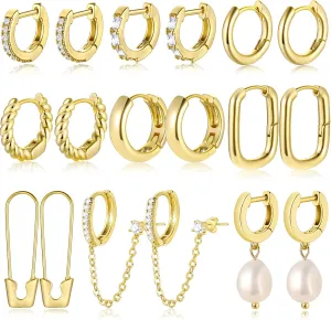 9 Pairs Small Gold Huggie Hoop Earrings for Women, 14K Gold Plated Lightweight Cartilage Earring Set, Hypoallergenic Gold Hoop Earrings for Gift
