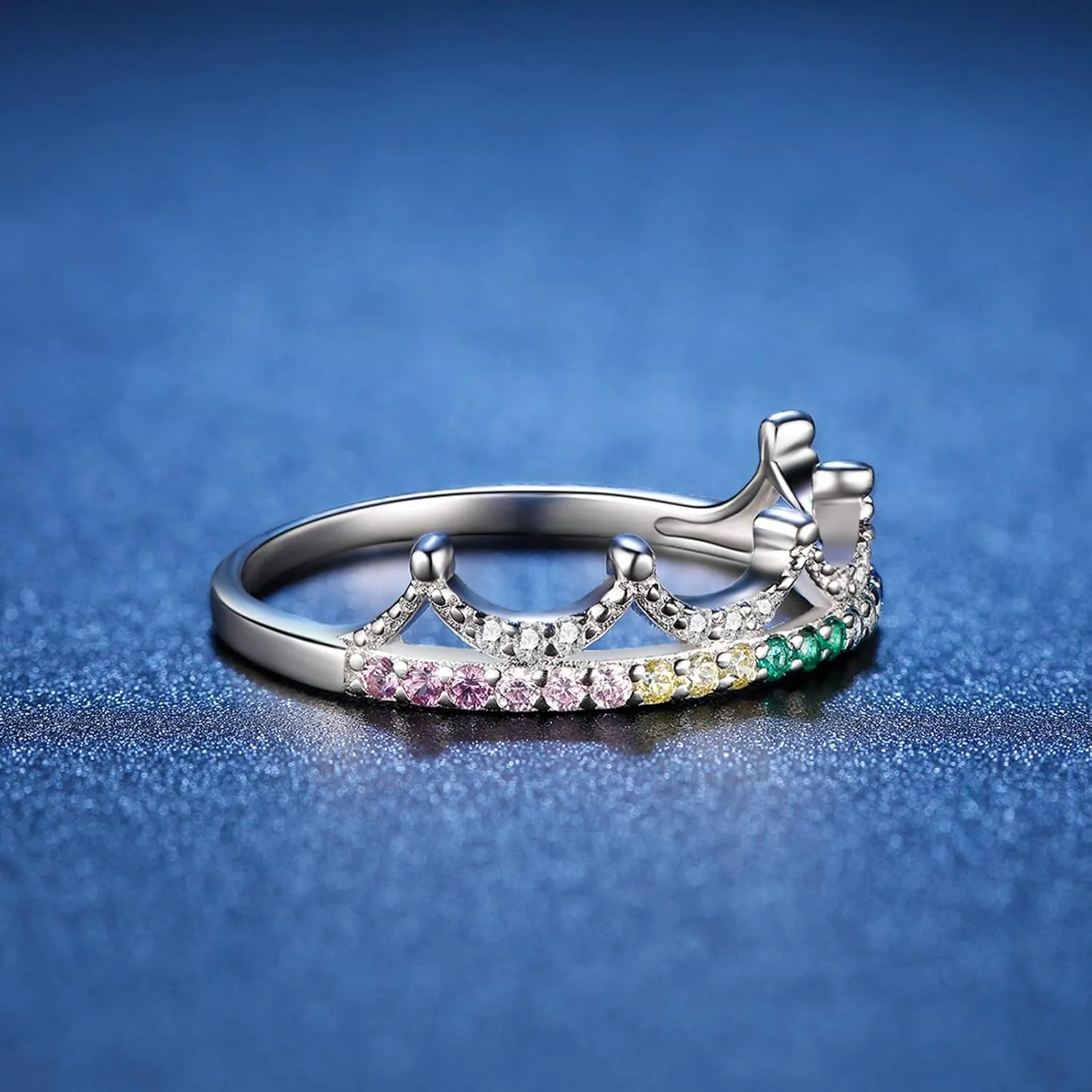 925 Silver Crown Ring with Colorful Cubic Zirconias Gifts For Women Ladies Birthday Promise Wedding Eternity