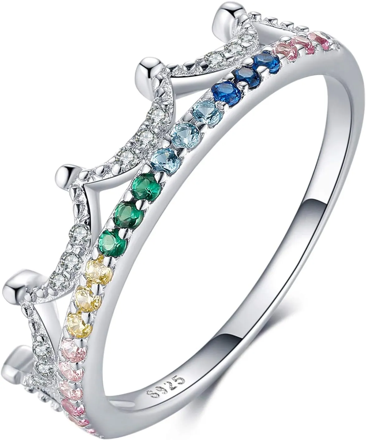 925 Silver Crown Ring with Colorful Cubic Zirconias Gifts For Women Ladies Birthday Promise Wedding Eternity