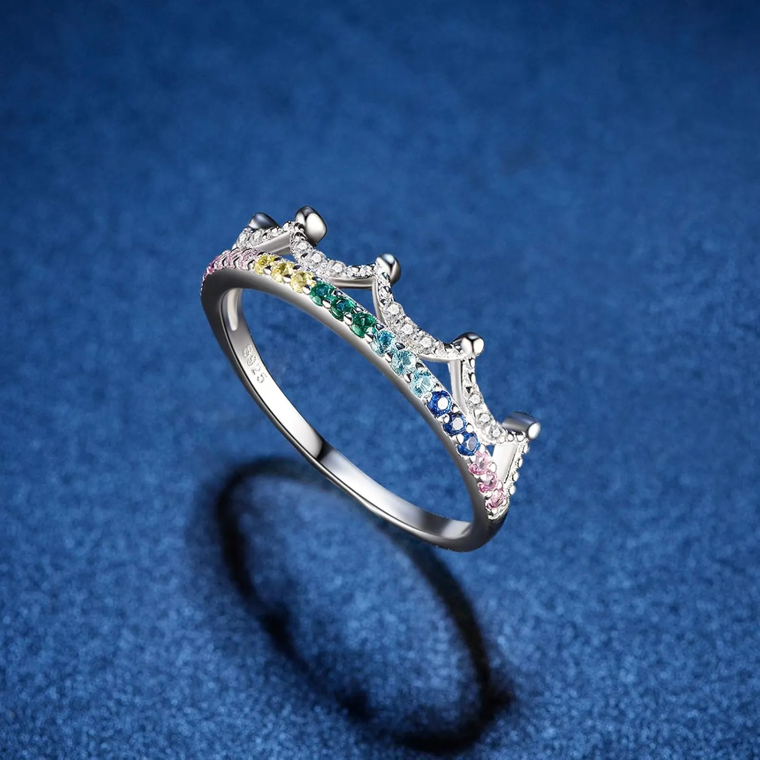 925 Silver Crown Ring with Colorful Cubic Zirconias Gifts For Women Ladies Birthday Promise Wedding Eternity