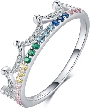 925 Silver Crown Ring with Colorful Cubic Zirconias Gifts For Women Ladies Birthday Promise Wedding Eternity
