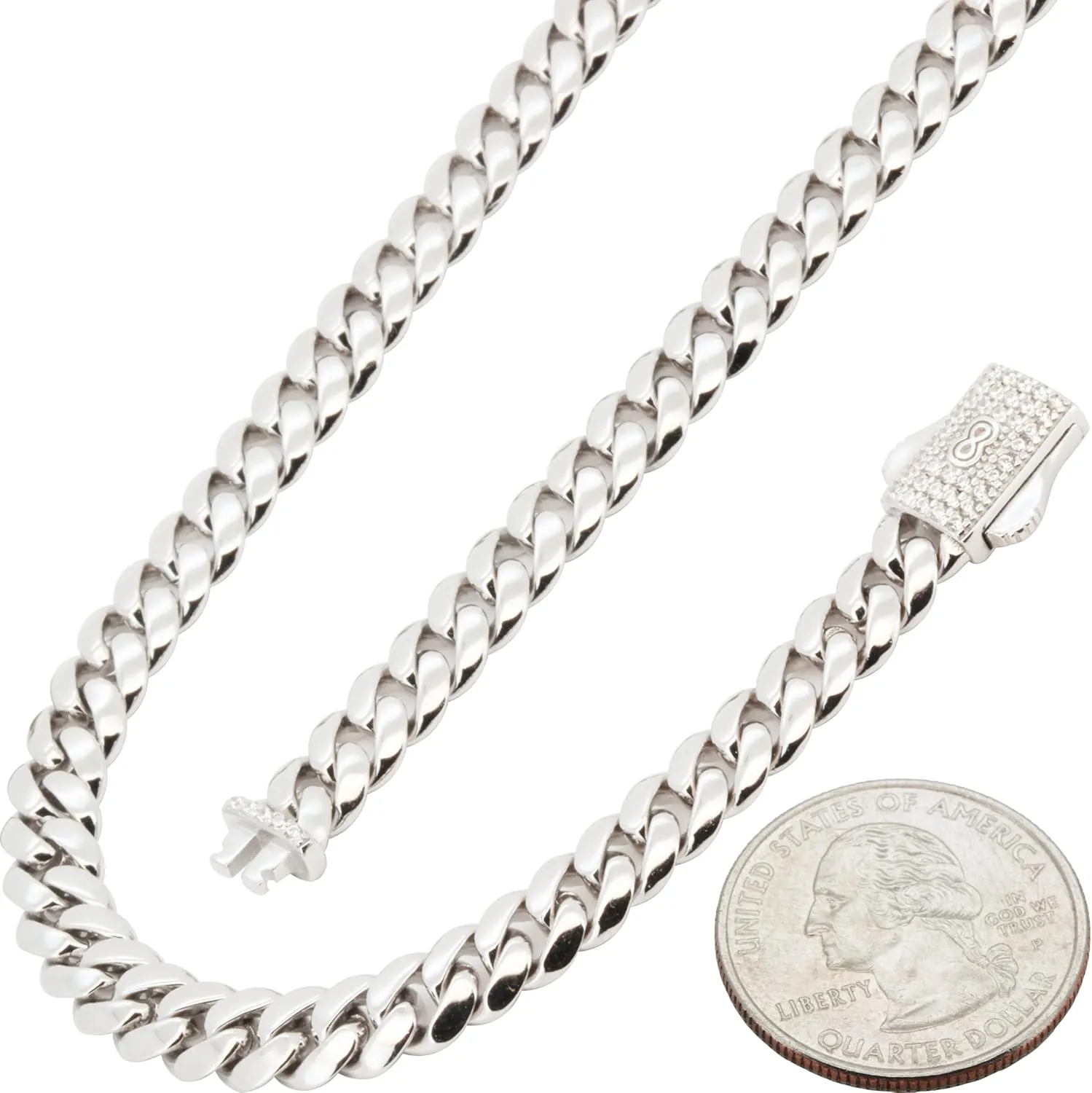 925 Sterling Silver 14K White Gold Finish AAA Cubic Zirconia 6MM Miami Cuban Link Chain Necklace Bracelet For Women & Men 7.2-20 Never Fade Or Tarnish Fine Jewelry