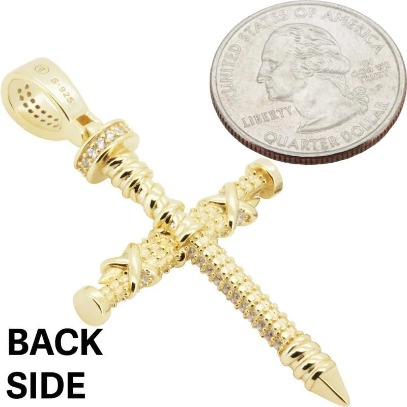 925 Sterling Silver 14K White/Yellow Gold Finish AAA Cubic Zirconia Nail Cross Pendant 1.5MM Franco/2MM Moon Cut Bead Ball Chain Necklace For Women & Men 20-24 Fine Jewelry