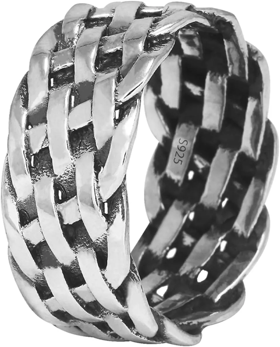 925 Sterling Silver 9mm Chunky Braided Rope Ring, Comfort Fit Twist Wedding Band for Men and Women, US Sizes 6-13