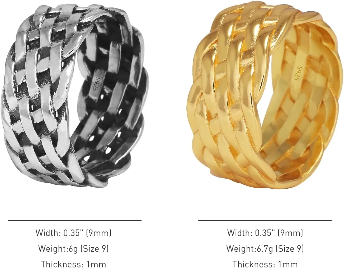 925 Sterling Silver 9mm Chunky Braided Rope Ring, Comfort Fit Twist Wedding Band for Men and Women, US Sizes 6-13