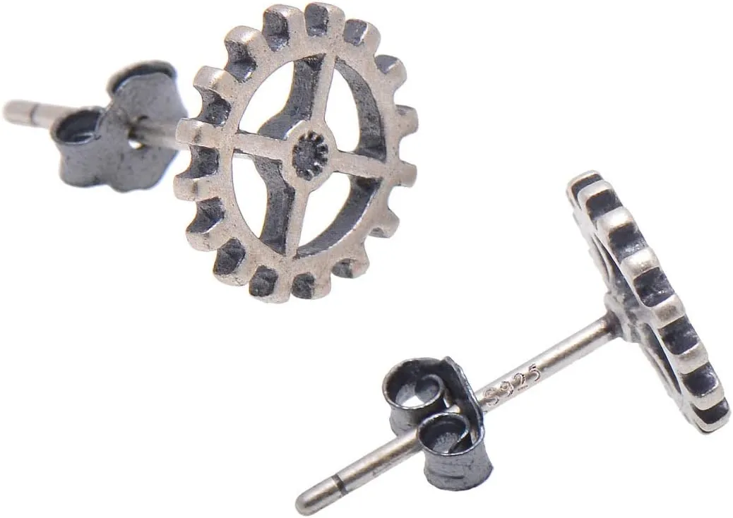 925 Sterling Silver Antique Finish Small Gear Studs Earrings