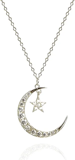 925 Sterling Silver Big Moon CZ Star Pendant Necklace