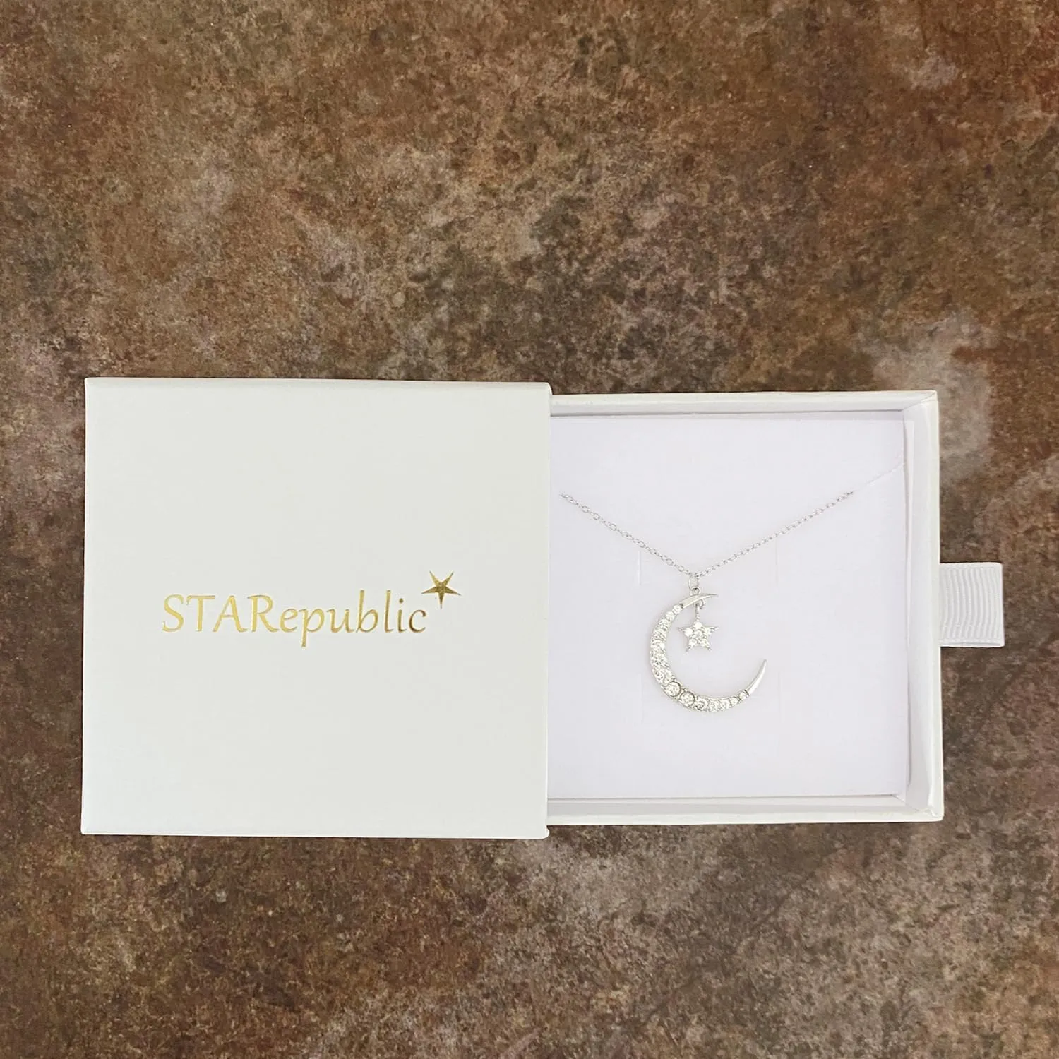 925 Sterling Silver Big Moon CZ Star Pendant Necklace