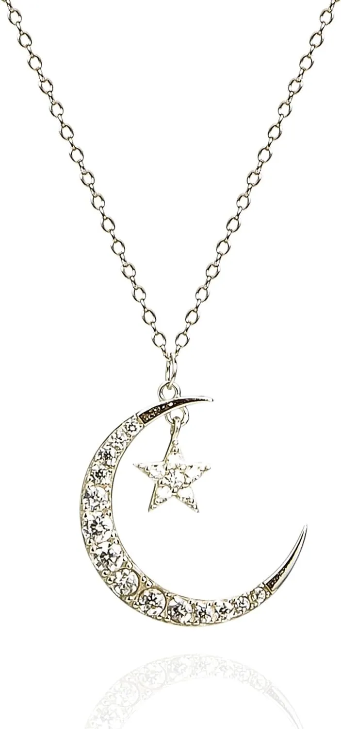 925 Sterling Silver Big Moon CZ Star Pendant Necklace