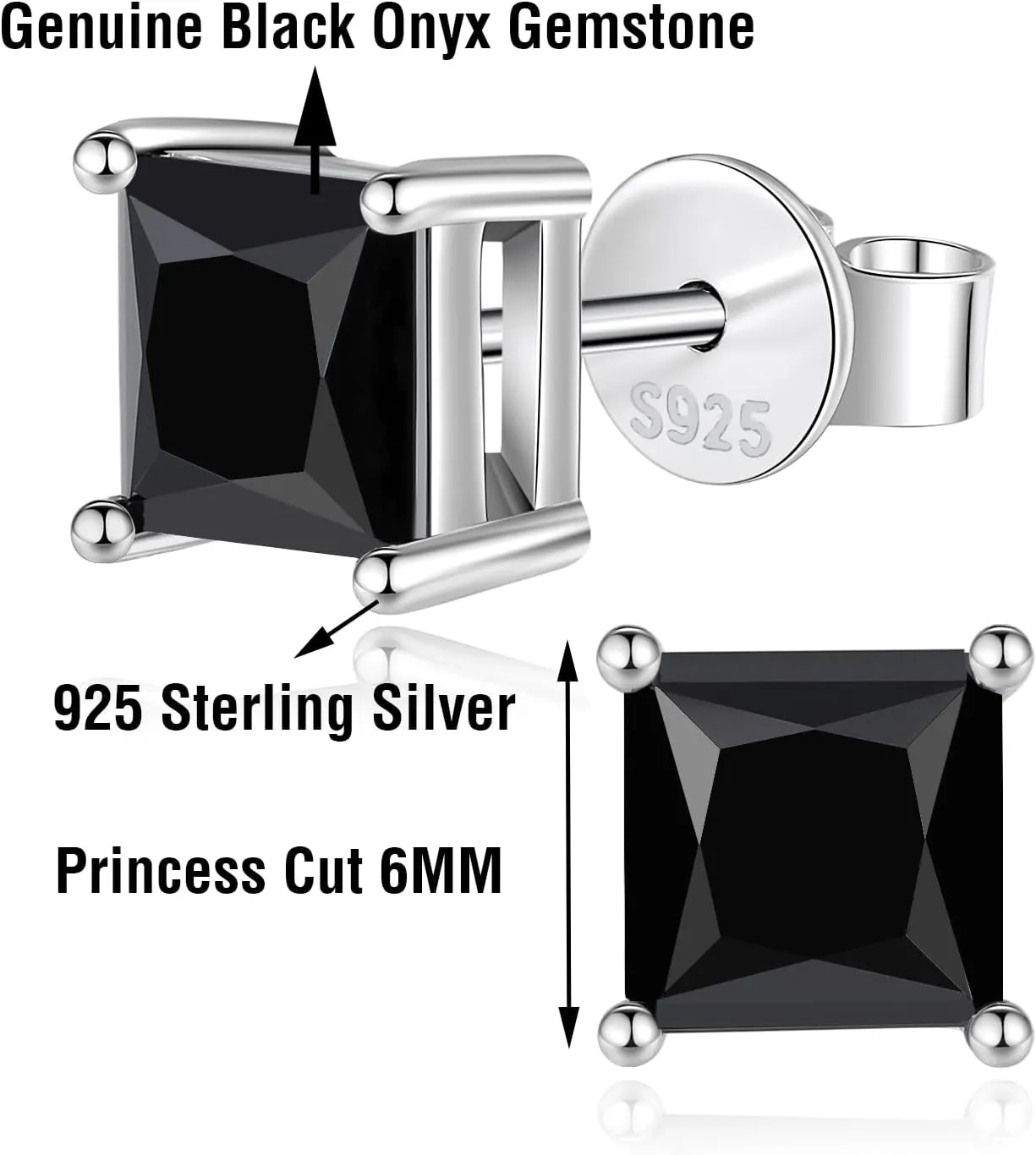 925 Sterling Silver Black Earrings for Men, Natural Black Onyx Stud Earrings for Women Hypoallergenic Perfect Jewelry Gifts