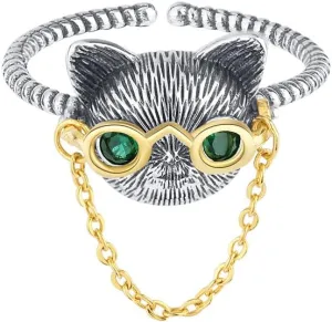 925 Sterling Silver Cat Vintage Ring Punk Open Adjustable Animal Ring