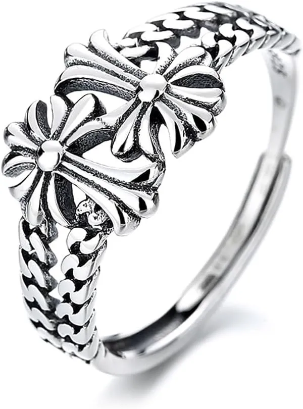 925 Sterling Silver Chain Twisted Cross Open Double Rings for Women,Adjustable Oxidized Vintage Cross Faith Rings,Religious Jewelry Gift for Anniversary