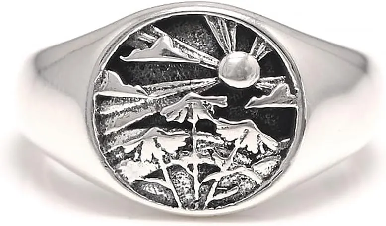 925 Sterling Silver Chunky Signet Rings for Men Women Coin Ring Mens Pinky Ring Engraved Sun Tree Jewelry Size 6-13