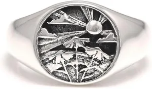 925 Sterling Silver Chunky Signet Rings for Men Women Coin Ring Mens Pinky Ring Engraved Sun Tree Jewelry Size 6-13