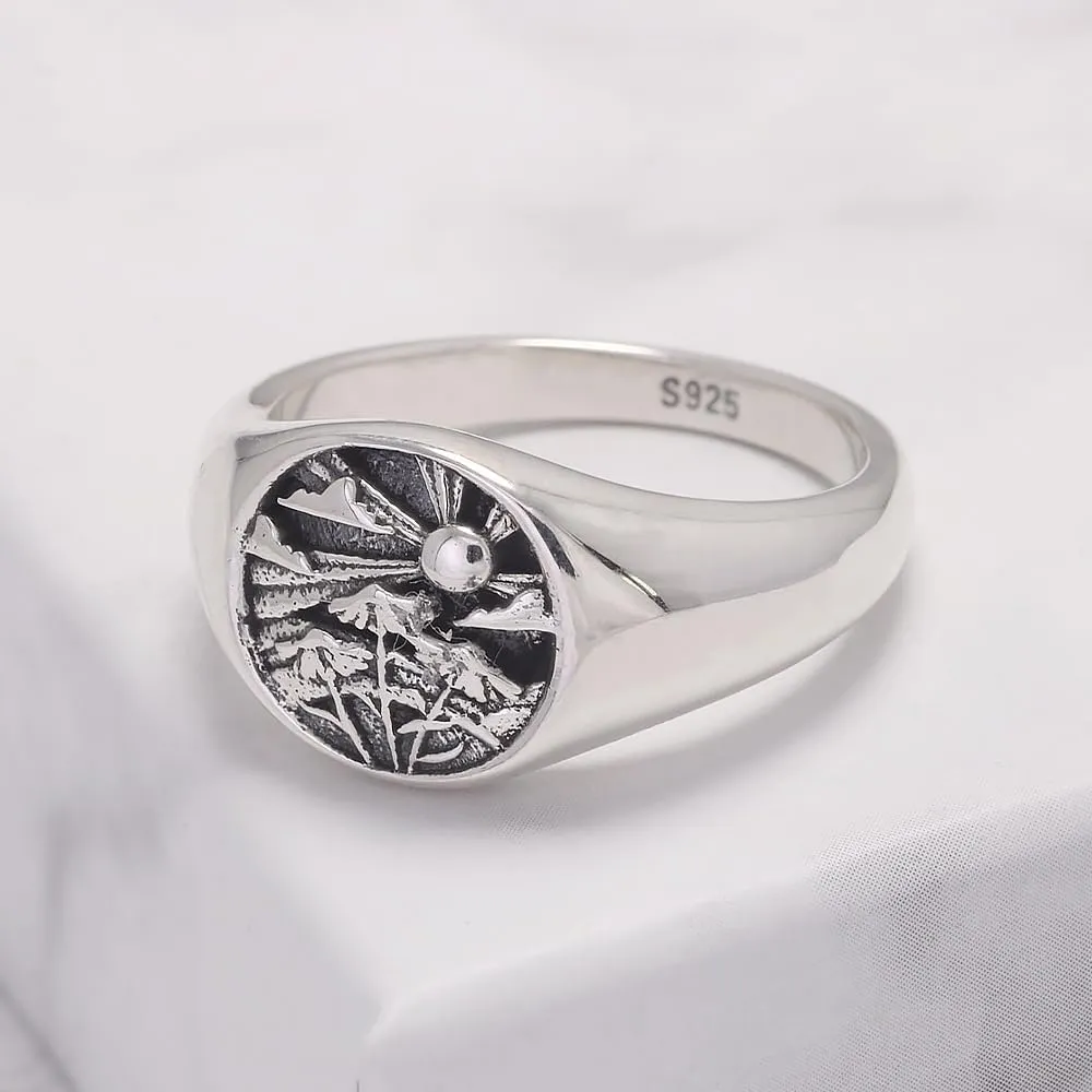 925 Sterling Silver Chunky Signet Rings for Men Women Coin Ring Mens Pinky Ring Engraved Sun Tree Jewelry Size 6-13