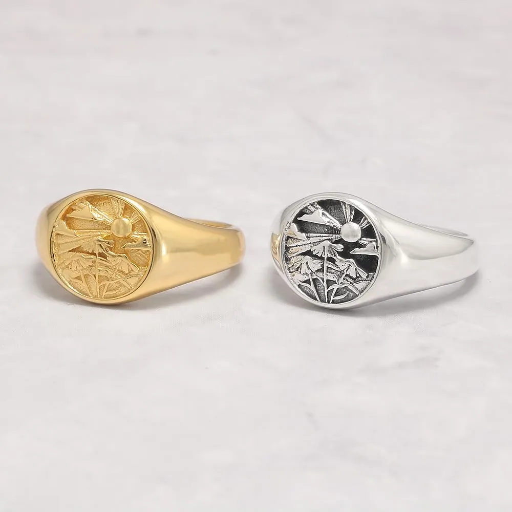925 Sterling Silver Chunky Signet Rings for Men Women Coin Ring Mens Pinky Ring Engraved Sun Tree Jewelry Size 6-13