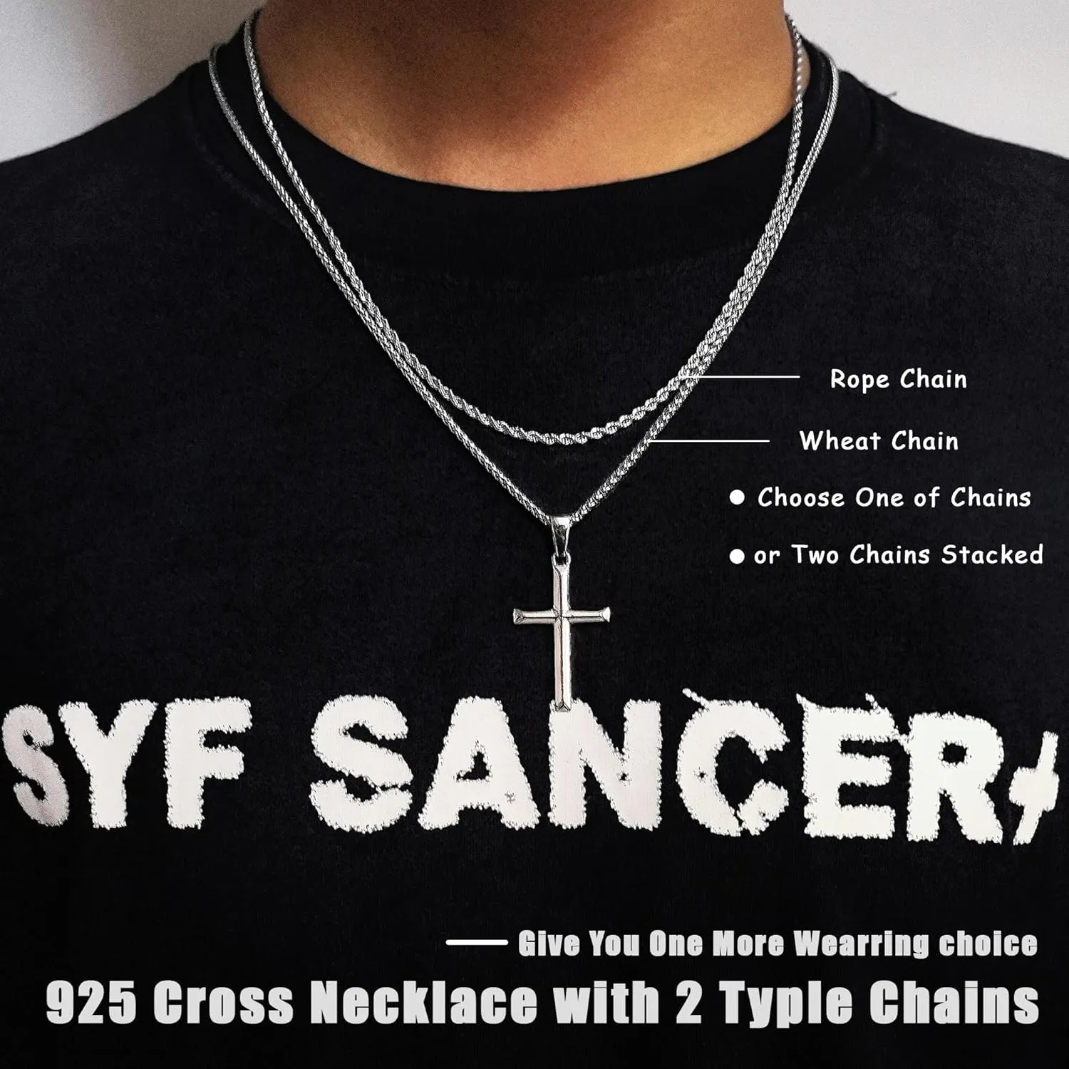 925 Sterling Silver Cross Necklace for Men Women with 3MM Stainless Steel Strong Durable Wheat Chain 18K White Gold Plated Beveled Edge Crucifix Pendant Necklace Jewelry Present 16-28 Inches