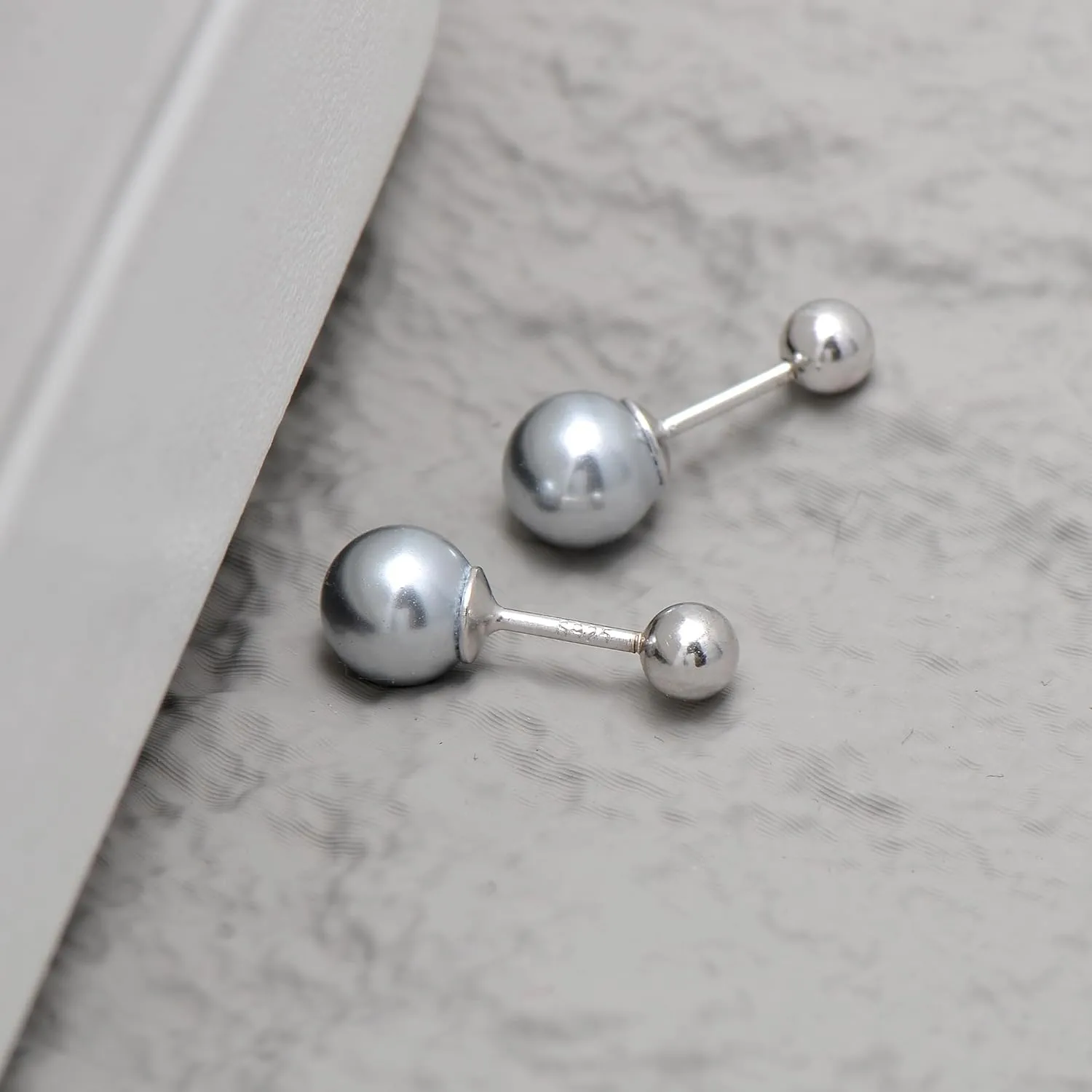 925 Sterling Silver Faux Pearl Studs Earrings Screw Ball Backs, 6mm / Gray