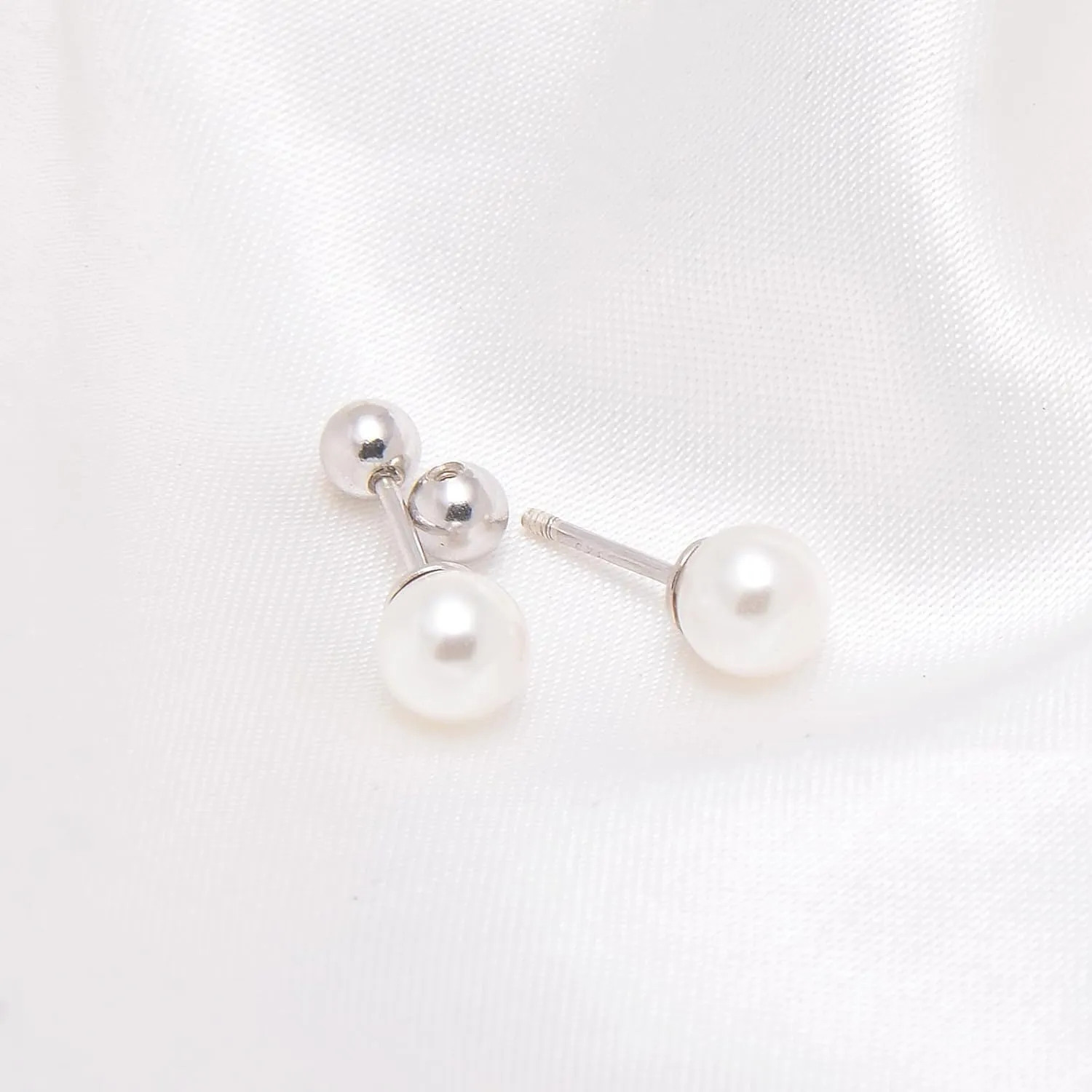 925 Sterling Silver Faux Pearl Studs Earrings Screw Ball Backs, 6mm / Gray