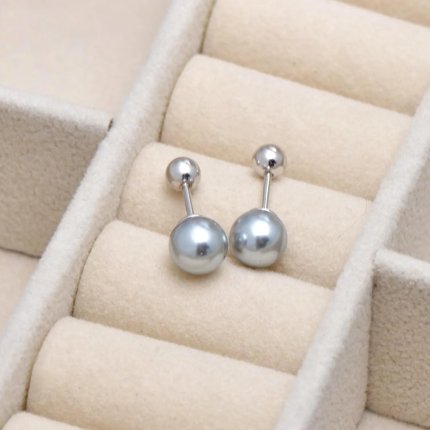 925 Sterling Silver Faux Pearl Studs Earrings Screw Ball Backs, 6mm / Gray