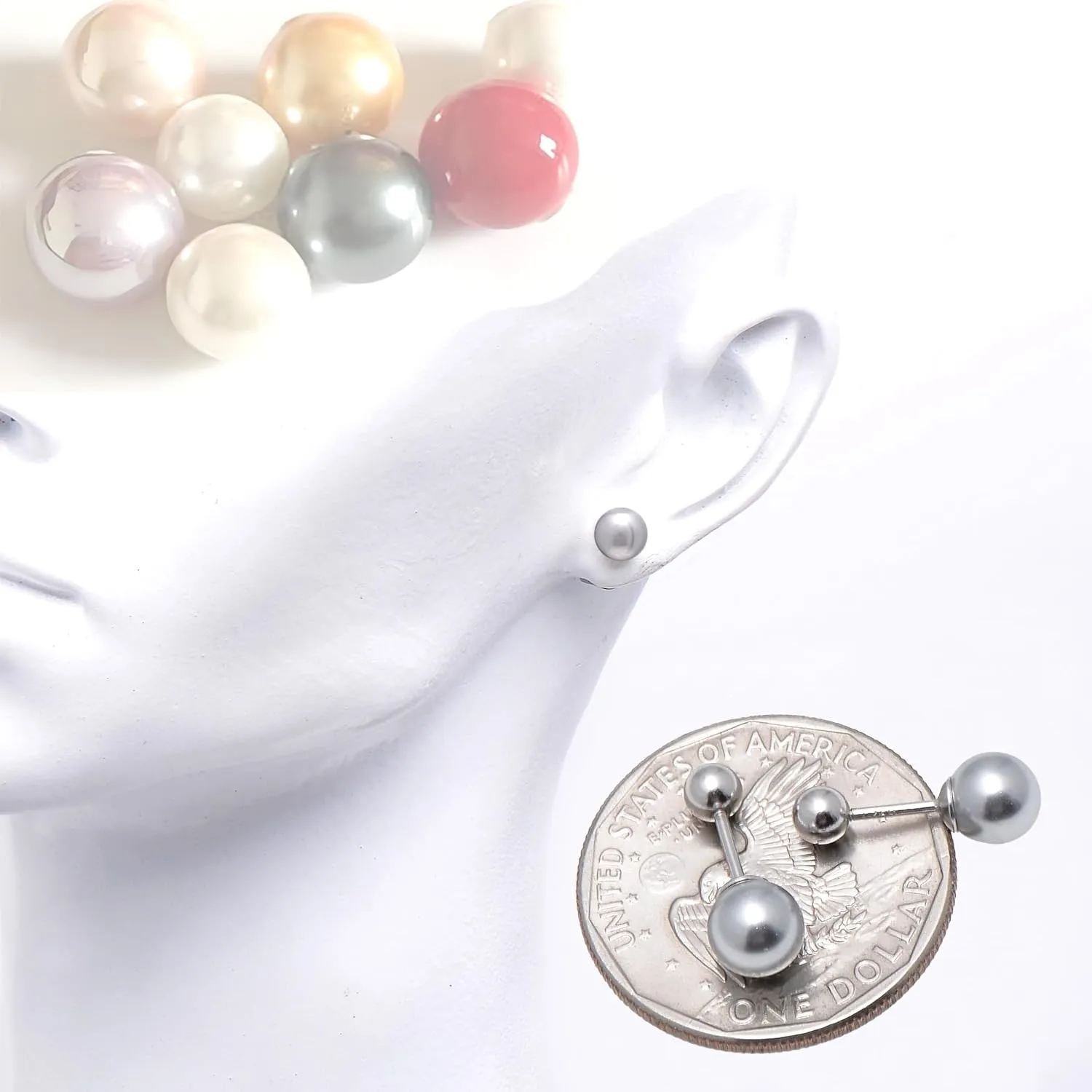 925 Sterling Silver Faux Pearl Studs Earrings Screw Ball Backs, 6mm / Gray